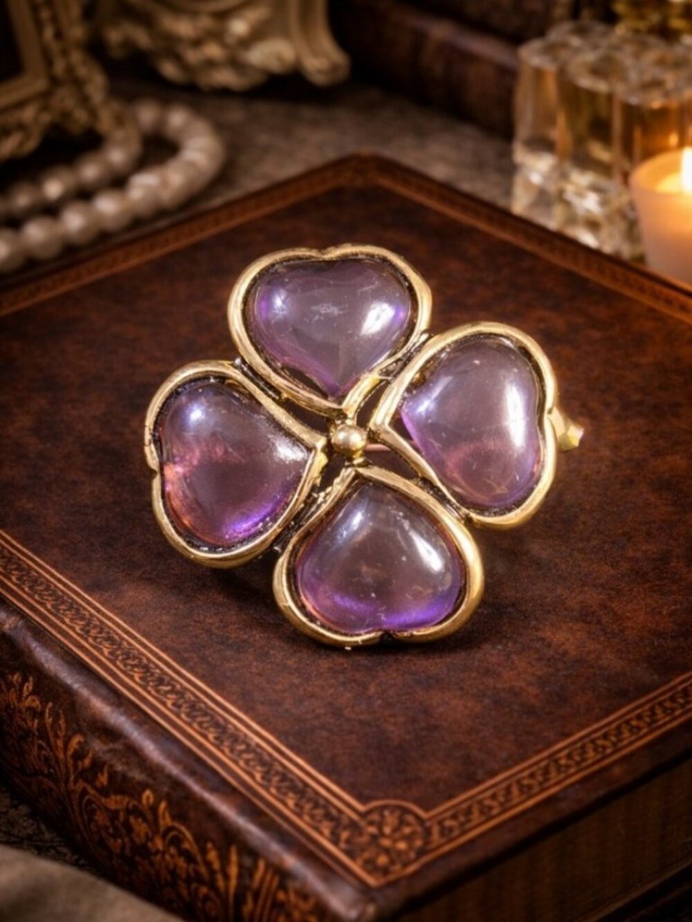 Vintage Purple Glass Heart Clover Brooch Gold Tone Four Leaf Design 1980s